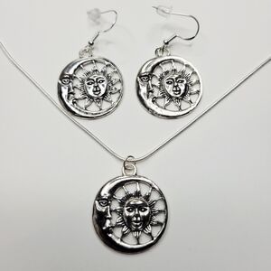 Silver Moon Sun Boho Vintage Style Fish Hook Dangle Earrings & Necklace Gift Set